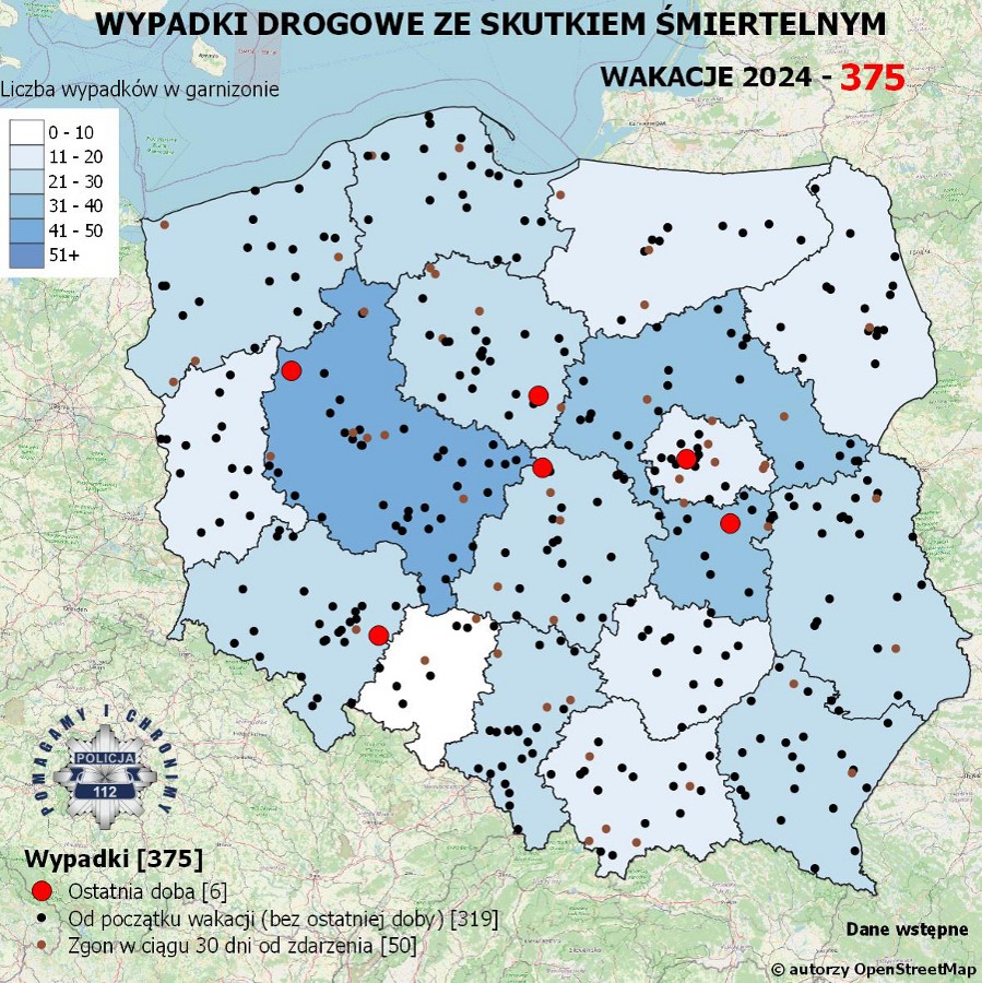 Mapa wypadków drogowych ze skutkiem śmiertelnym - 2024.