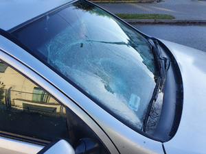 fotografia auta z rozbitą szybą czołową w tle radiowóz policji, fotografie z miejsca wypadku drogowego, srebrne auto przewrócone w przydrożnym rowie