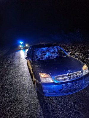 zmrok, niebieskie auto na jezdni z rozbitą przednią szybą, w tle radiowóz policji z włączonymi niebieskimi światłami, na poboczu leży rower.